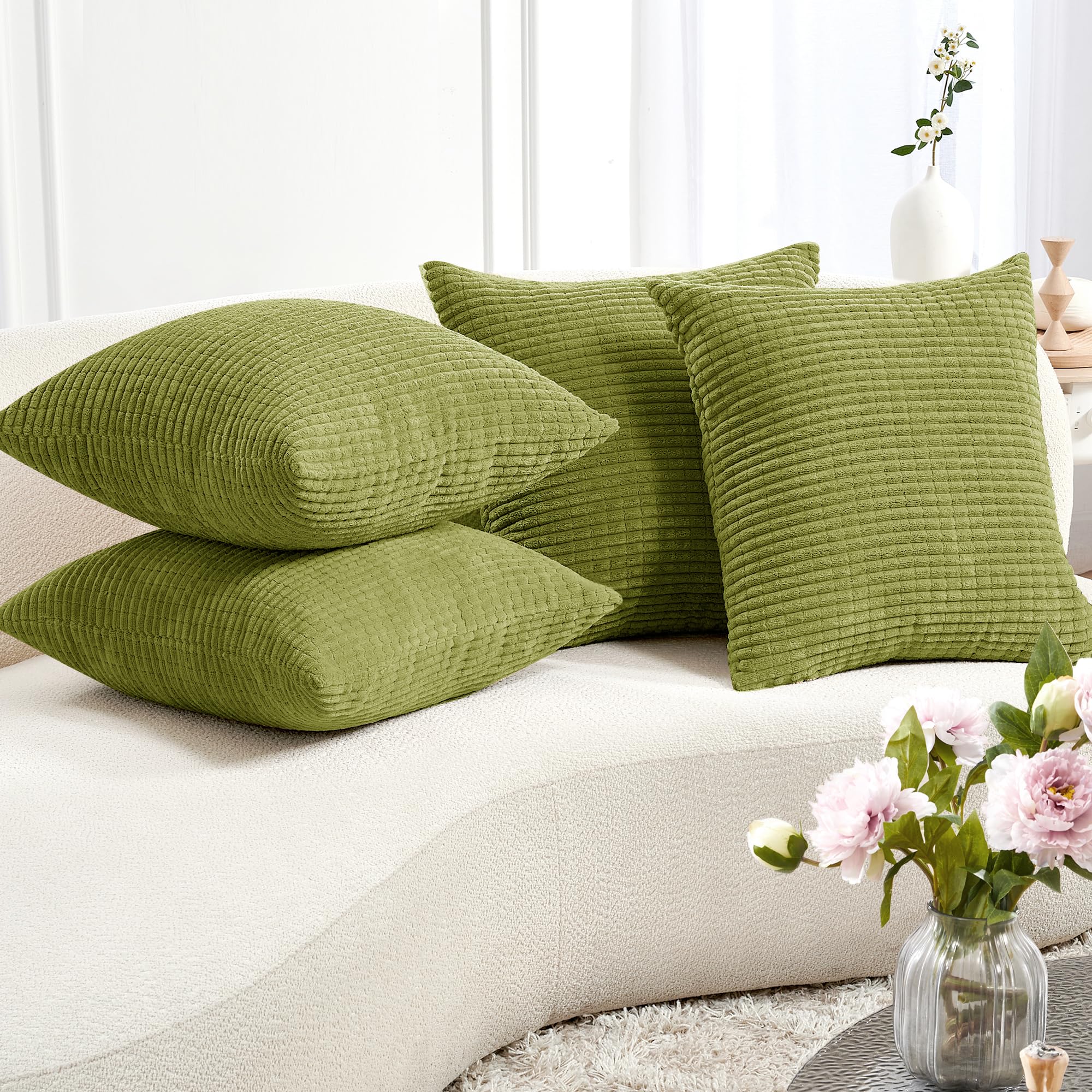 Deconovo Throw Pillow Covers 20x20 Pillow Covers Set of 4 Corduroy Striped Decorative Home Decor Throw Pillows for Sofa Couch Bed Bedroom Living Room Moss Green Machine Washable Cushion Cover Case
