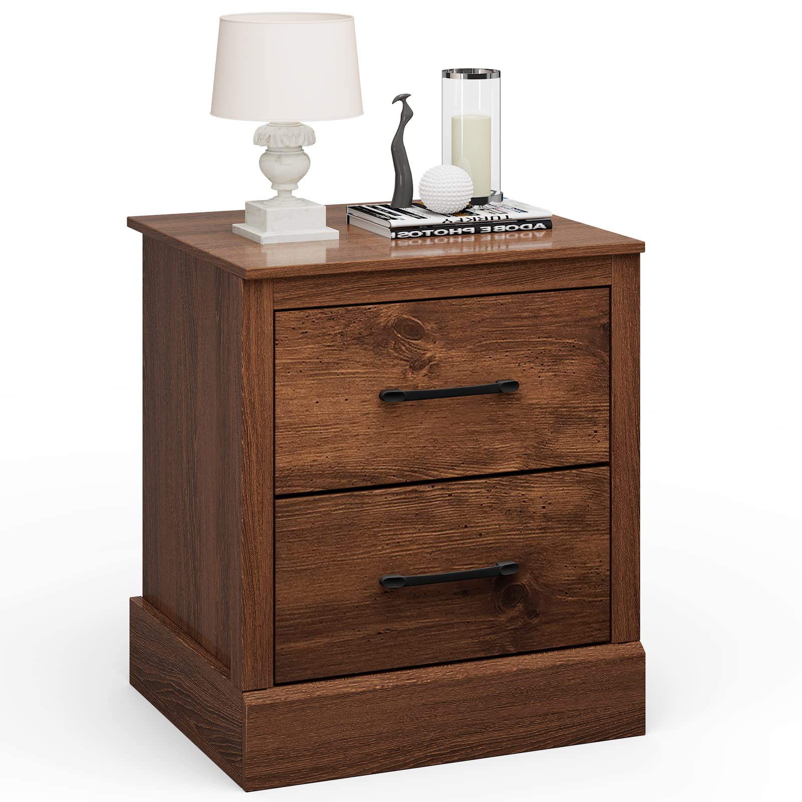Giantex Farmhouse Nightstand Wood Bedside Table with 2 Storage Drawers Compact Floor Night Stand End Table Walnut Accent Sofa Side Table for Bedroom