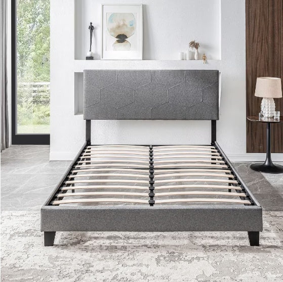 Queen-size Upholstered Platform Bed Frame Is Easy To Assemble And Grey