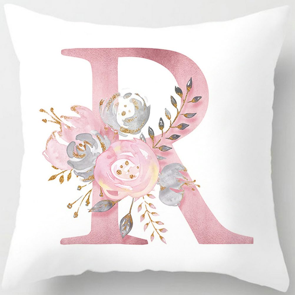 Tillskuch Pink Throw Pillow Covers Cute Alphabet Decorative Cushion Covers Square Letter Throw Pillows Protectors for Sofa Couch Bedroom Chair Home Decor 18 x 18 Inch(R)
