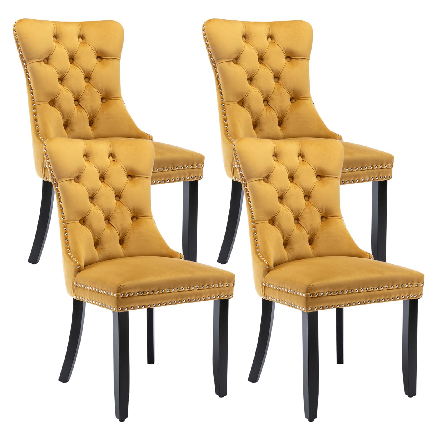 Eifizek Velvet Dining Chairs Set of 4 Tufted Dining Room Chairs with Nailhead Ring Pull Trim Upholstered Dining Chairs with Solid Wood Legs for Kitchen Dining Room (Gold)