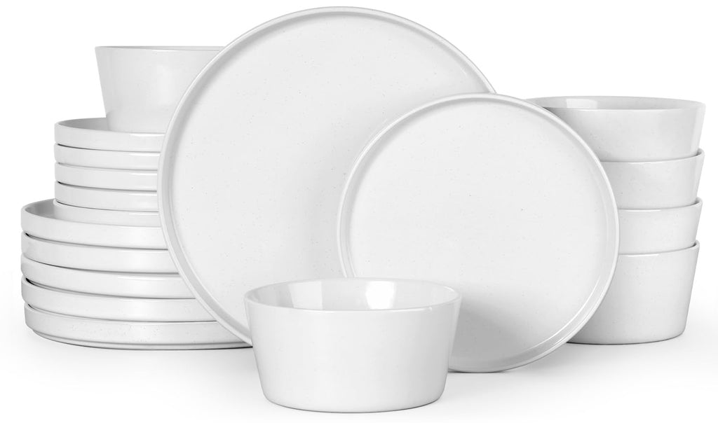 Herogo 18 Pieces Stoneware Dinnerware Dishes Set for 6 Dinner Plates and Bowls Sets Reactive Glaze Chip & Crack Resistant Microwave & Dishwasher Safe Pearl White