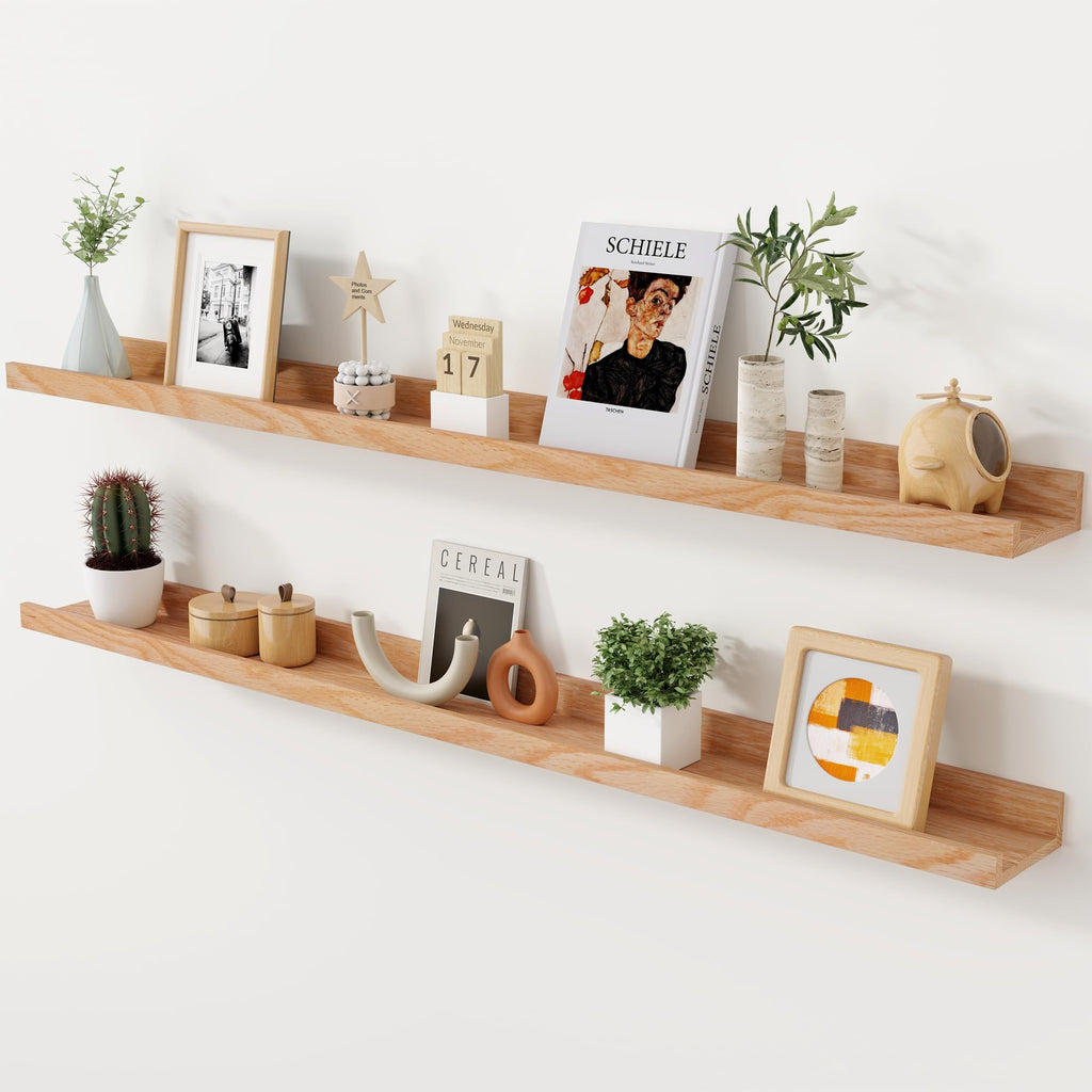 Axeman Oak Floating Shelves 48 Inch Picture Ledge Shelf Set of 2 Solid Wood Shelves with Lip for Wall Decor Storage Bedroom Living Room Bathroom Kitchen Natural Oak