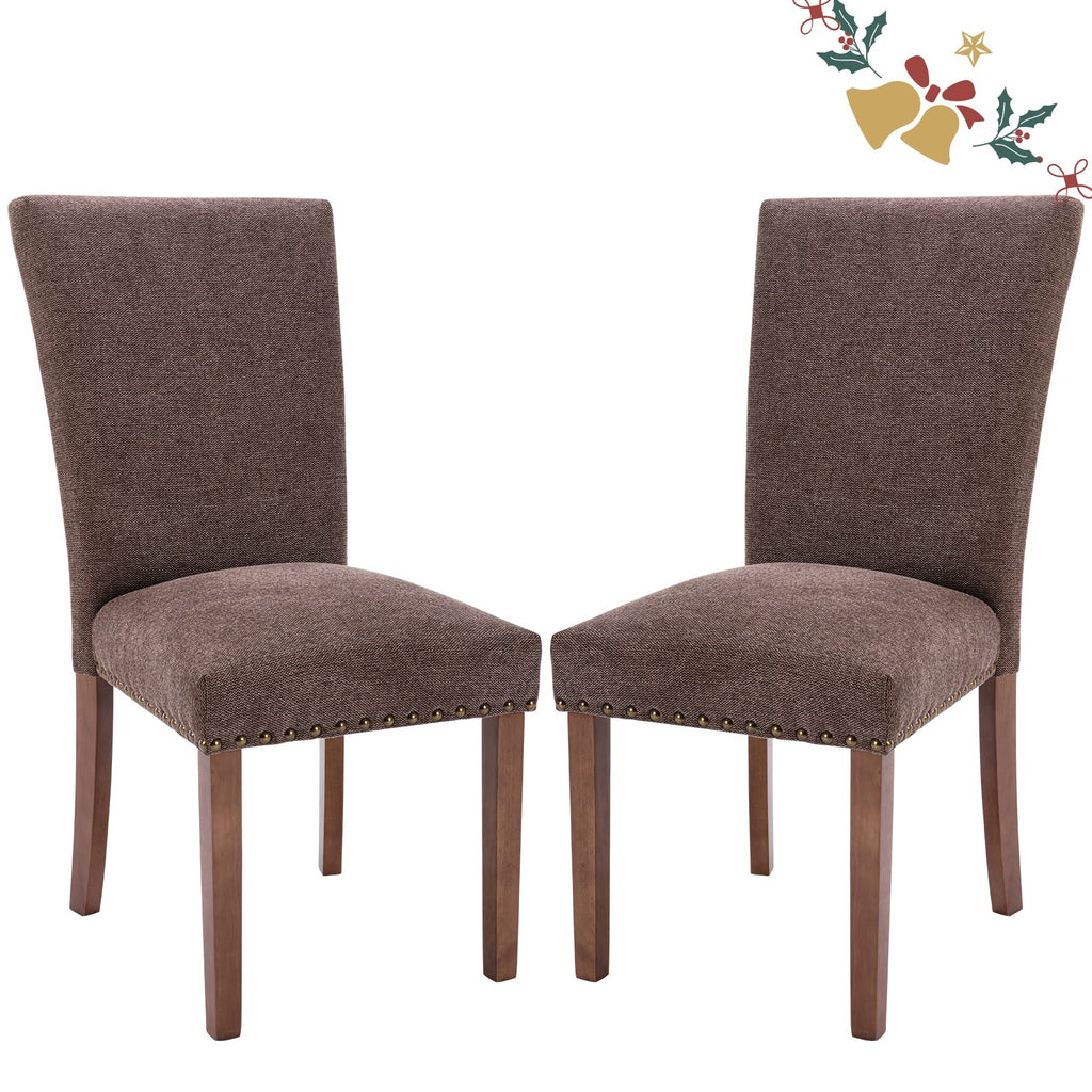 Parsons Dining Chairs Set of 2 Upholstered Nailhead Dining Room Kitchen Side Chair with Thick Cushions and Wood Legs Brown