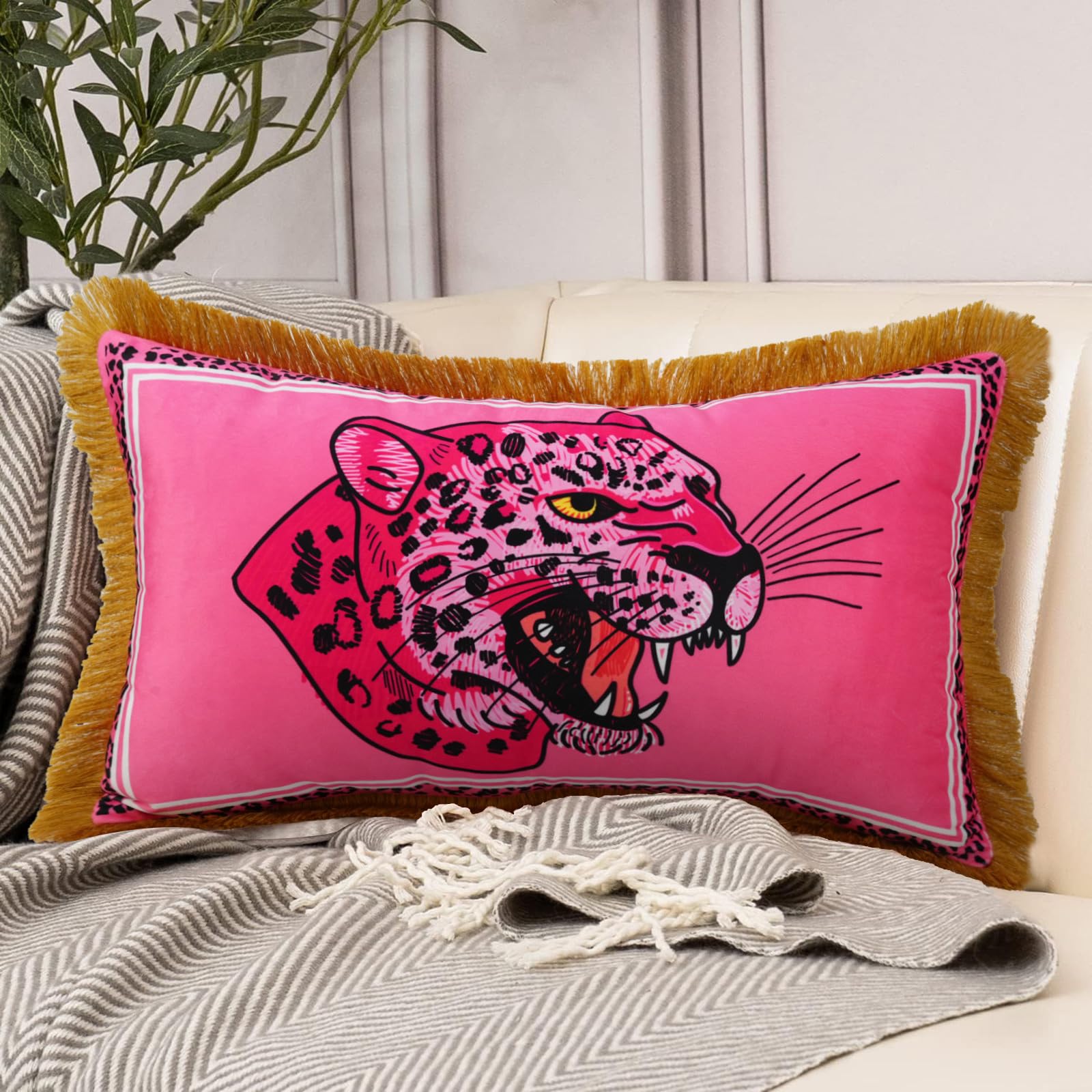 Leopard Head Velvet Decorative Throw Pillow Cover 12x20 Pink Cheetah Pillow Covers Animal Print Throw Pillows Soft Leopard Pattern Pillows with Tassel Cushion Case for Sofa Couch Bedroom Living Room