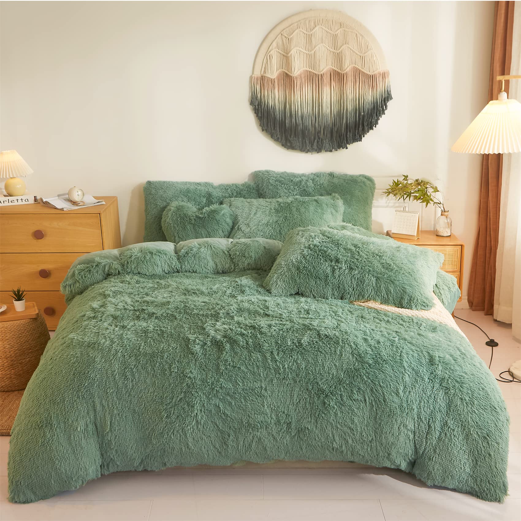 Green Fluffy Comforter Cover SetUltra Soft Plush Duvet Cover Bedding Sets Twin 2 Pieces with Pillow Cases Fuzzy Green Bed Set Zipper Closure (Green Twin)