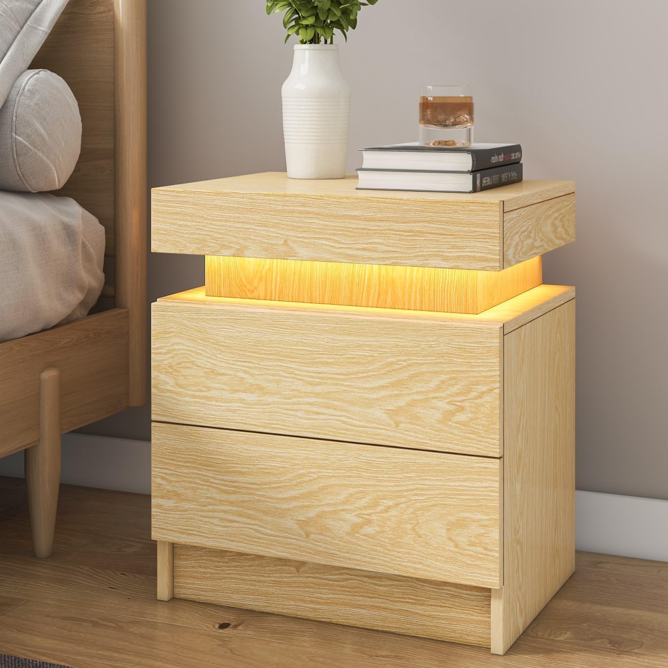 HOMMPA LED Nightstand Wood Bedside Table with Led Lights Modern LED Night Stand with 2 Drawers Smart Nightstand Matte Night Table for Bedroom 20.5" Tall