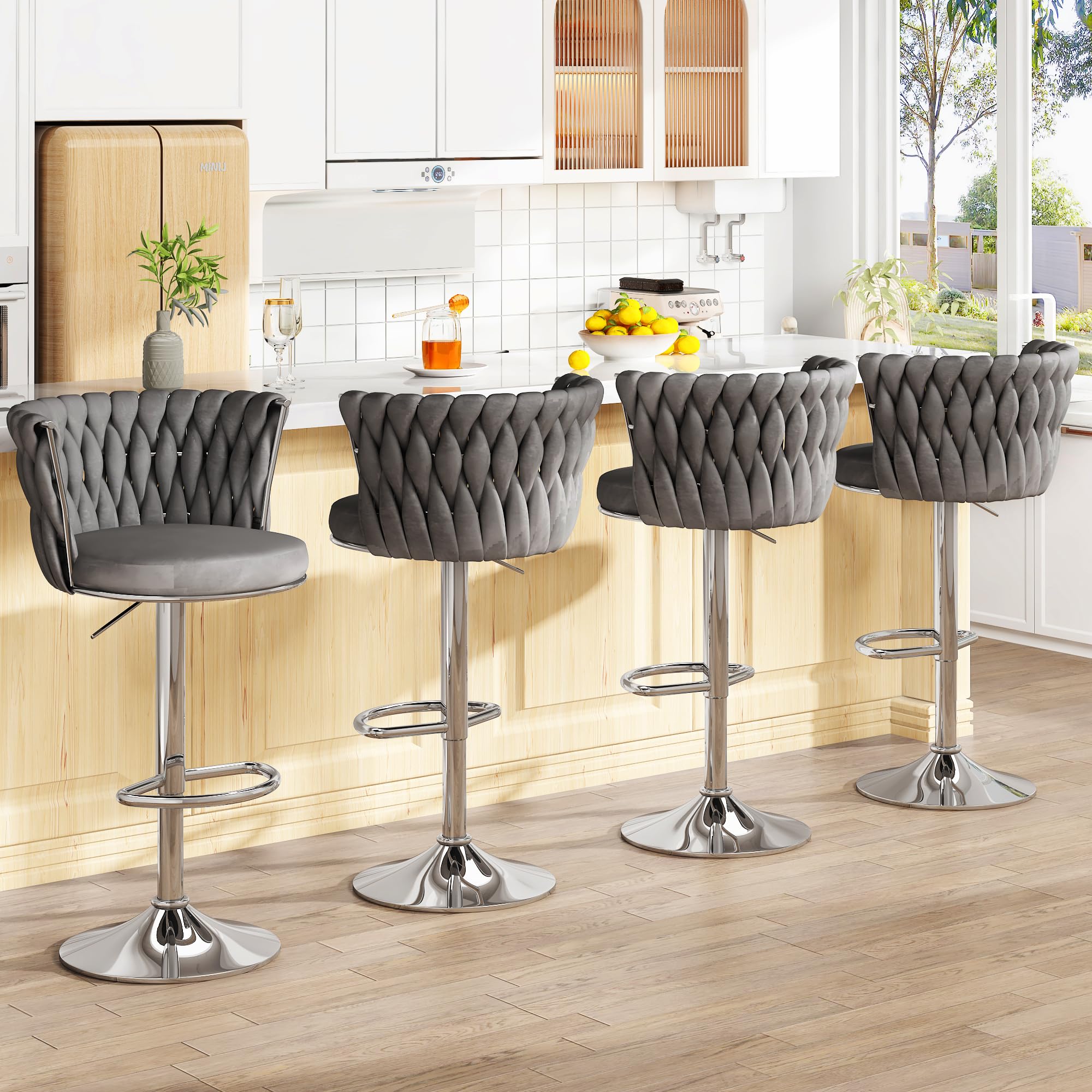 AWQM Grey Bar Stools Set of 4Modern Swivel Bar Chairs Velvet Counter Height BarstoolsAdjustable Kitchen Island Chairs with High Back & Footrest for Home BarBig Round Base