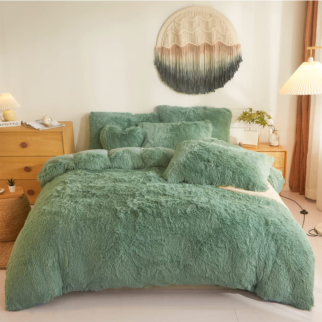 Green Fluffy Comforter Cover SetUltra Soft Plush Duvet Cover Bedding Sets Twin 2 Pieces with Pillow Cases Fuzzy Green Bed Set Zipper Closure (Green Twin)
