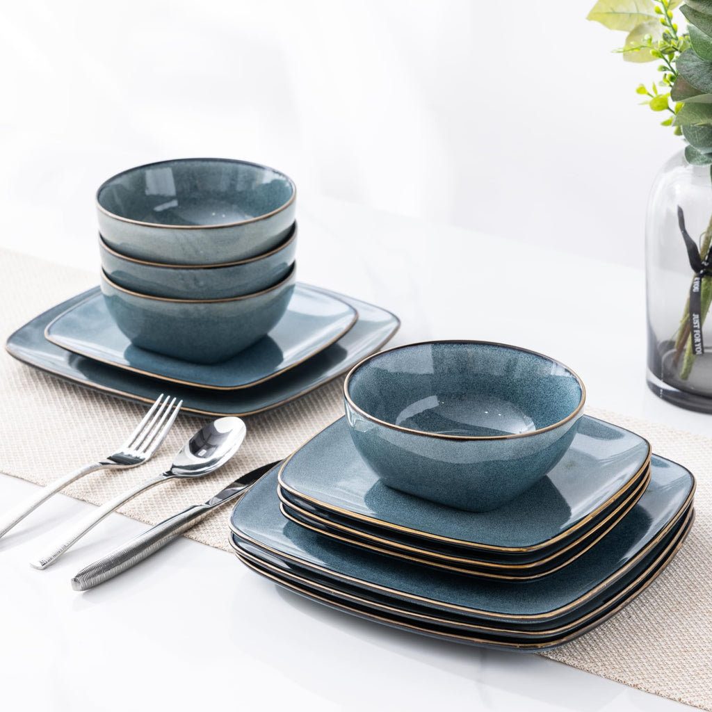 AmorArc Ceramic Dinnerware Sets for 4 12 Pieces Square Handpainted Plates and Bowls Set Chip and Scratch Resistant Stoneware Dishes Set Dishwasher & Microwave Safe Ocean Blue