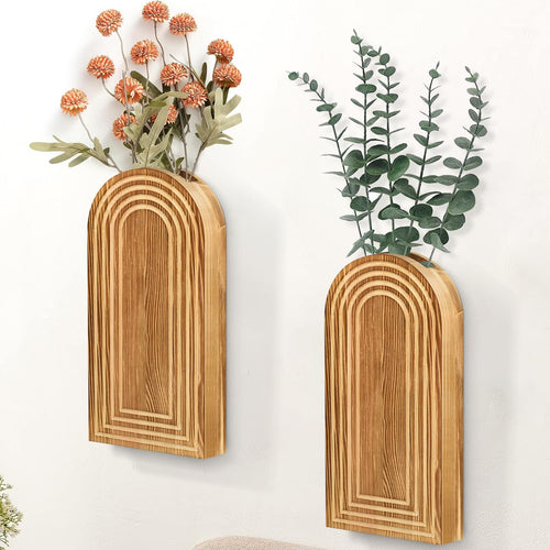 2 Pack Wall Decor Wood Wall Planters for Indoor Plants Modern Wall Planter for Bathroom Living Room Kitchen Wall Decor Farmhouse Wall Vase for Decor Dried Flowers and Faux Greenery(Rustic Brown)