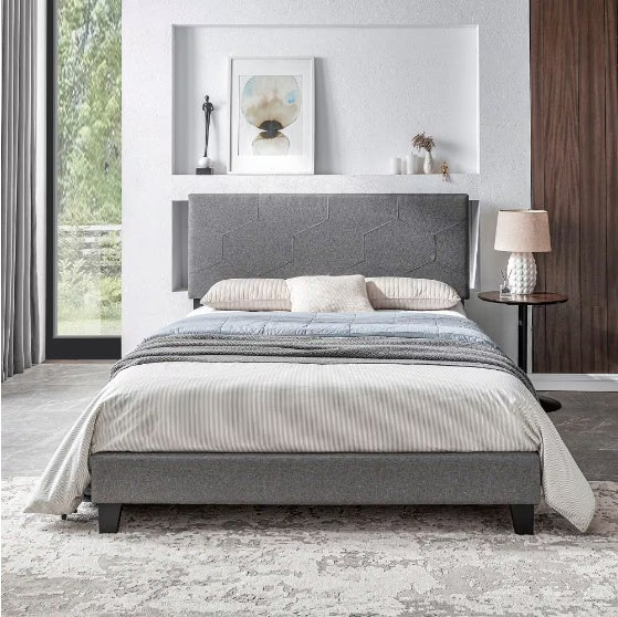 Queen-size Upholstered Platform Bed Frame Is Easy To Assemble And Grey
