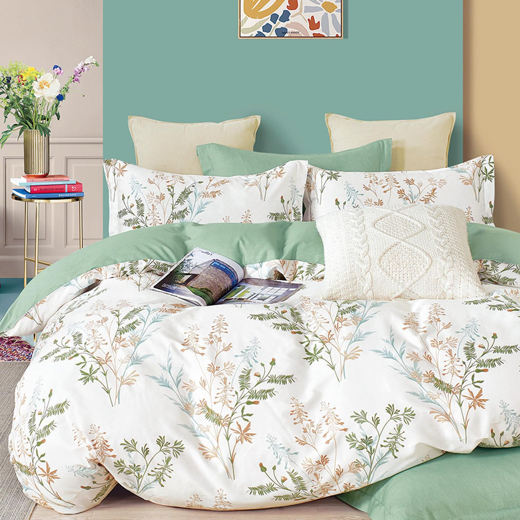 ALEISSEL Natural Cotton 3pcs Botanical Comforter Sets Queen Size-Green Comforter with Luxurious Tan & Gray Leaves on White Reversible Lightweight Floral Bedding Sets(Full/Queen)