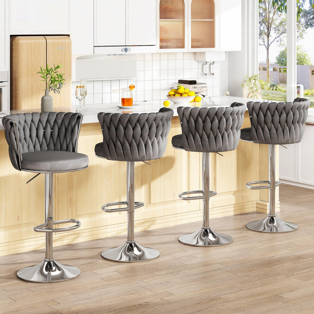 AWQM Grey Bar Stools Set of 4Modern Swivel Bar Chairs Velvet Counter Height BarstoolsAdjustable Kitchen Island Chairs with High Back & Footrest for Home BarBig Round Base