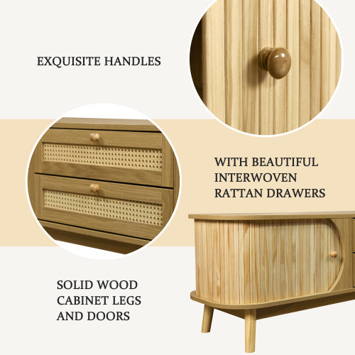 Rattan TV Stand For TVs Up To 75'', Modern Farmhouse Media Console, Entertainment Center With Solid Wood Legs, TV Cabinet For Living Room,Home Theatre