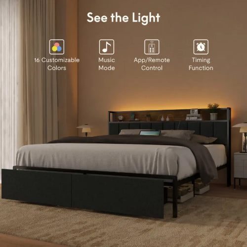 Bed Frame with LED Lights & Charging