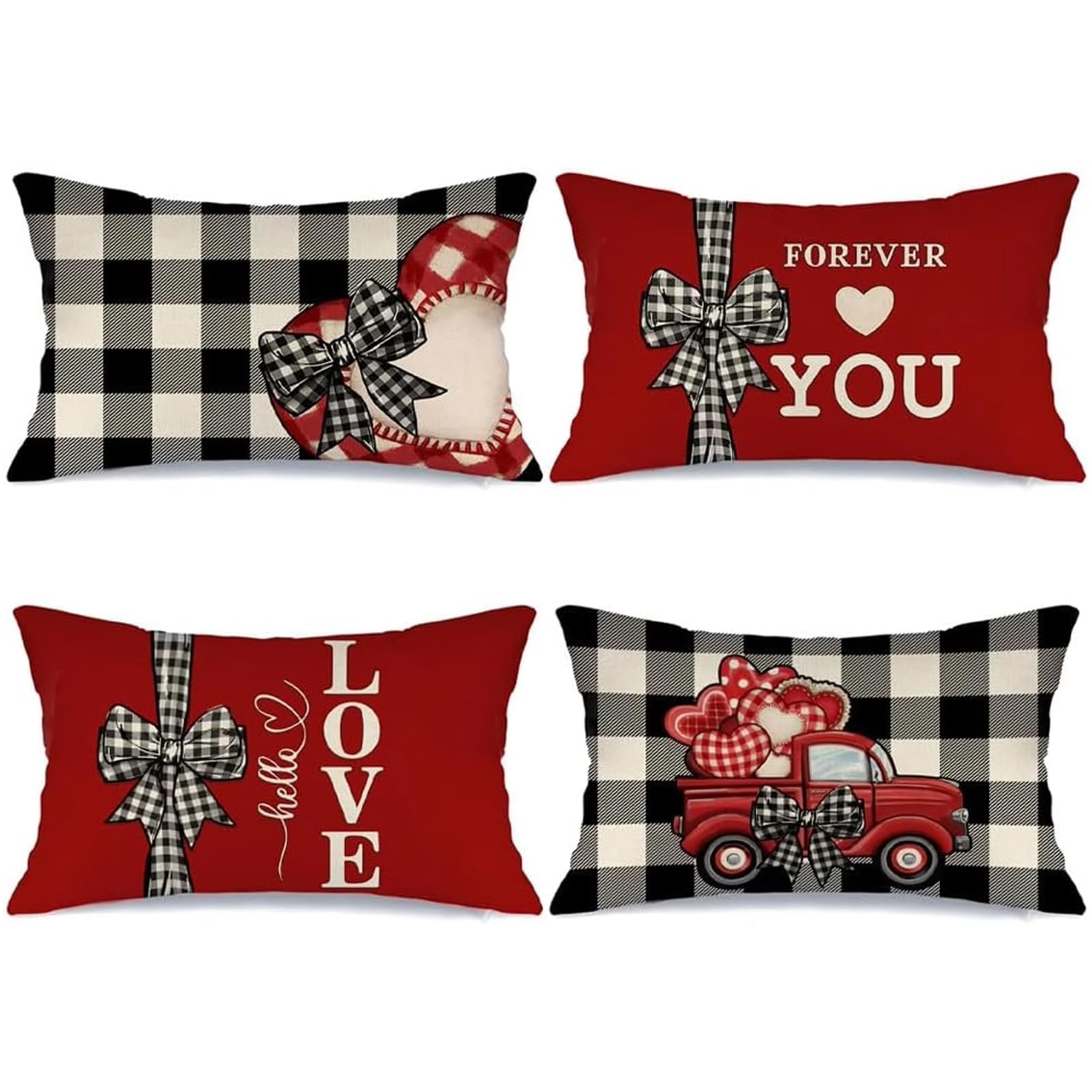 Valentines Day Pillow Covers12x20in Set of 4 Love Heart Buffalo Plaid Valentine Pillows Decorative Throw Pillows Covers Valentines Day Pillow Cases Home Couch Sofa Wedding Anniversary Decorations
