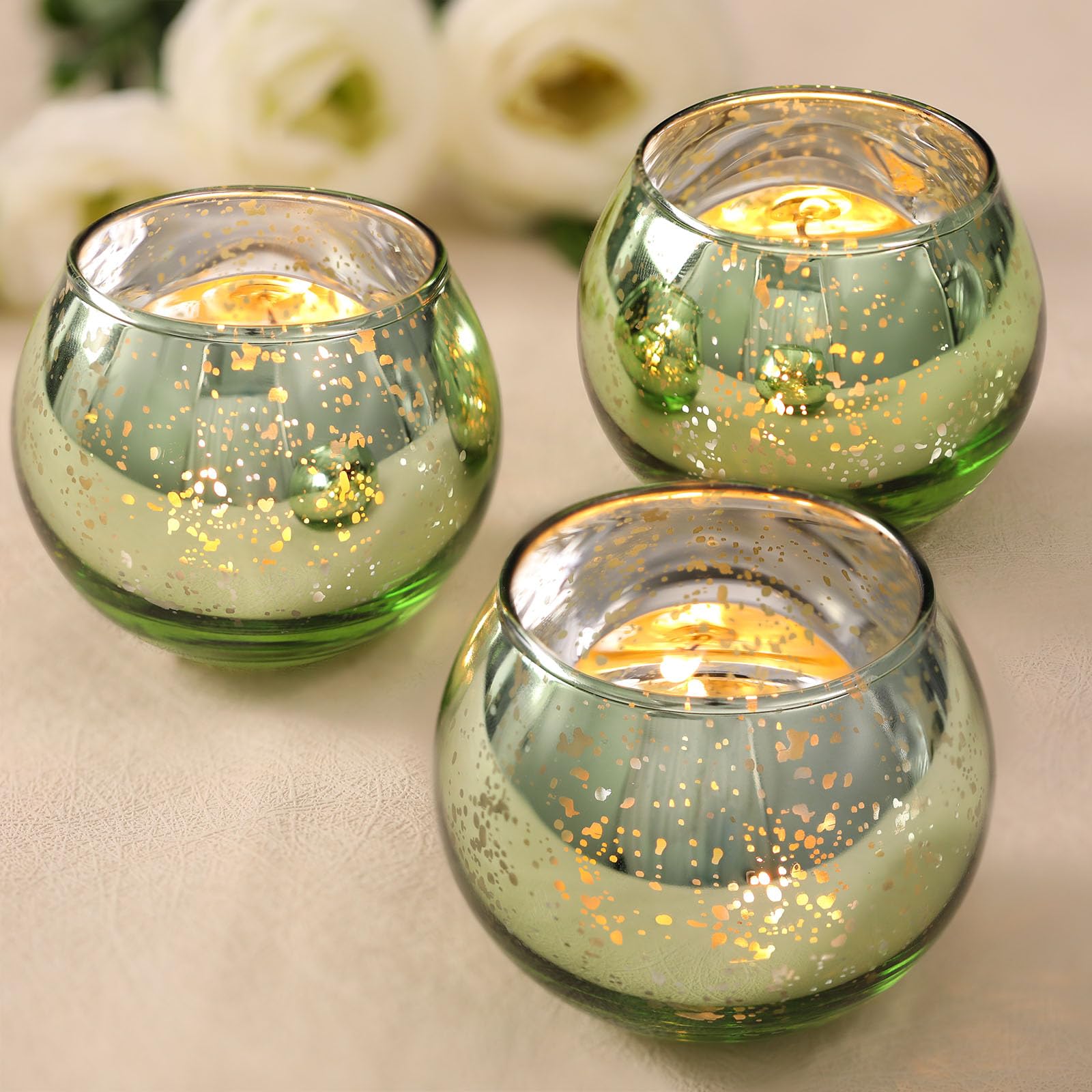 Volens 24PCS Green Votive Candle Holders Bulk Round Mercury Glass Candle Holders for Tealight - Green Centerpiece Table Decorations for Wedding Birthday Party Bridal Shower and Home Decor