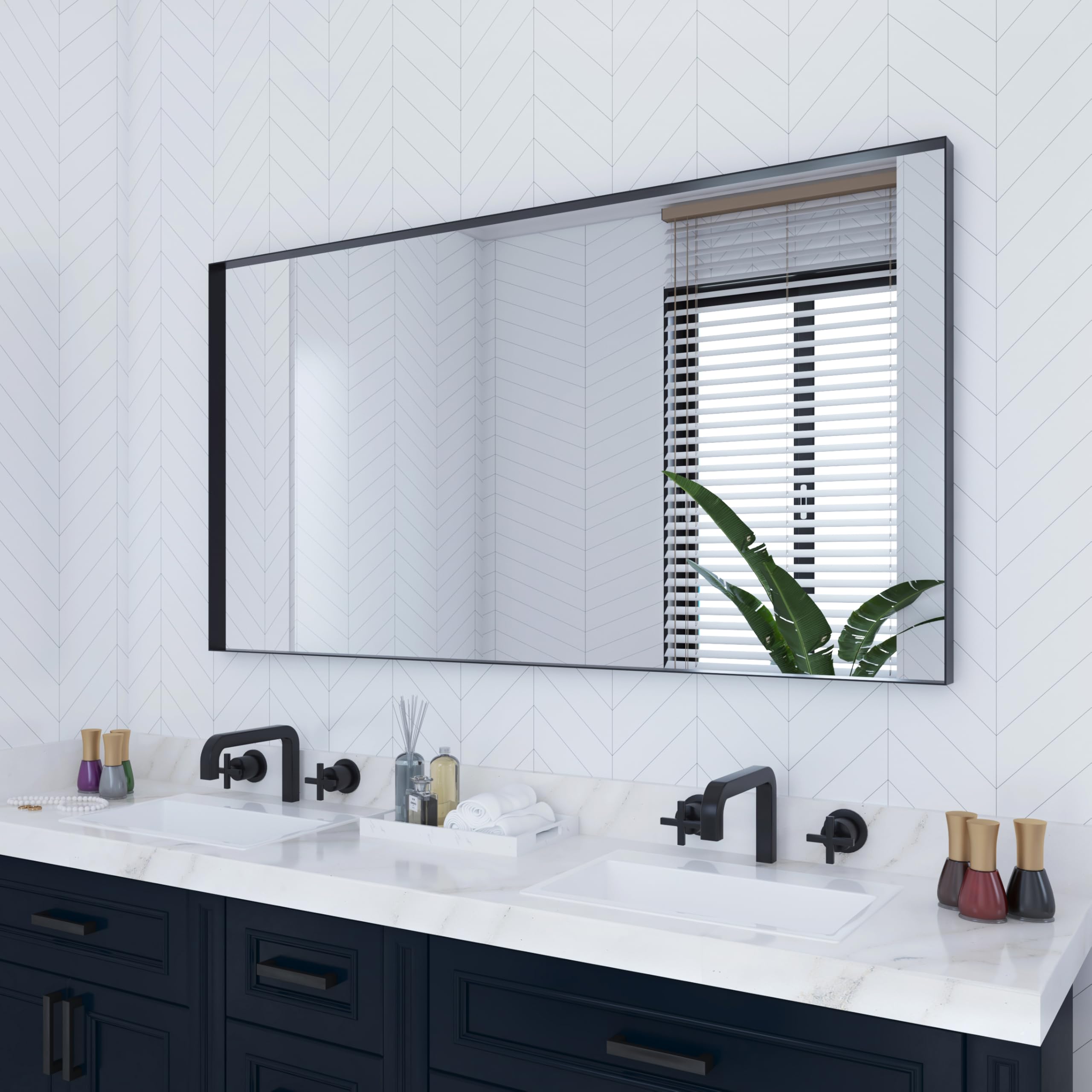 VocalStar 55 x 30 Inch Black Bathroom Mirror for Wall Square Corner Rectangle Black Metal Framed Bathroom Vanity Mirror Modern Farmhouse 1/4-inch Shatterproof Glass | Ultra-Flush Hanging