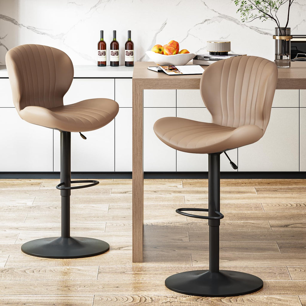 Waleaf Modern Adjustable Bar Stools Set of 2 Faux Leather Upholstered Swivel Counter Stools Counter Height Bar Stools with Large Base Easy 5 Minute Assembly for Kitchen Island (Brown Set of 2)