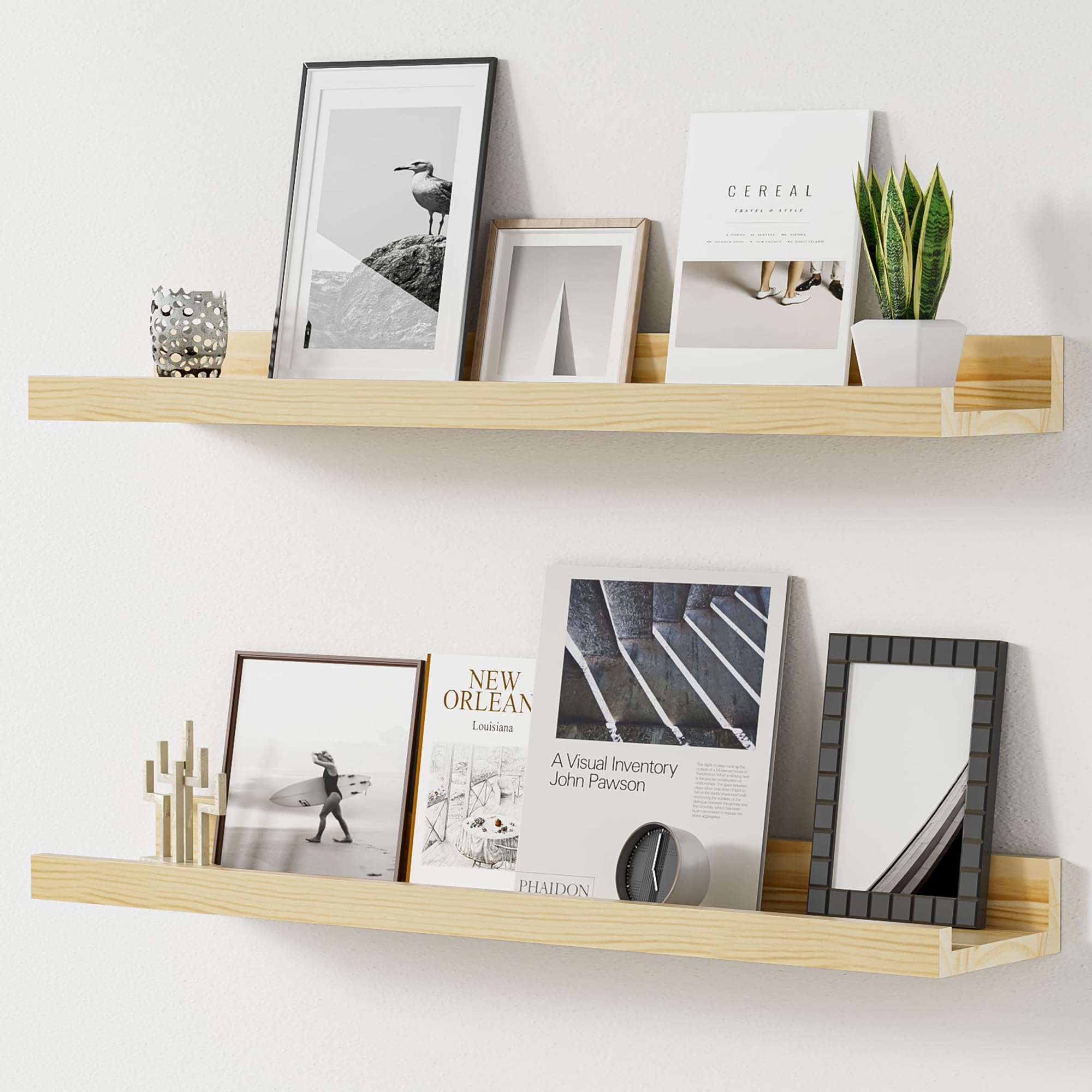 Floating Shelves for Wall 24 inch Solid Wood Picture Ledge Shelf Picture Shelf for Wall with Ledge Floating Book Shelves for living room Bedroom Kitchen Nursery Decor Natural Finished Set of 2