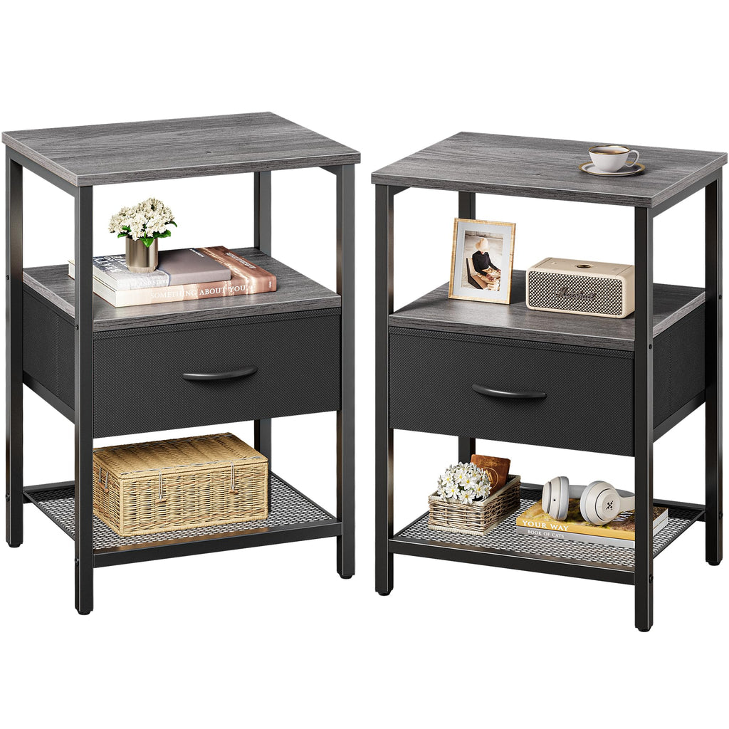 Huuger Nightstand Set of 2 Night Stand with Fabric Drawer Mesh Shelf Side Table with Storage Fabric Drawer Dresser Open Shelf Metal Frame Bedroom Charcoal Gray