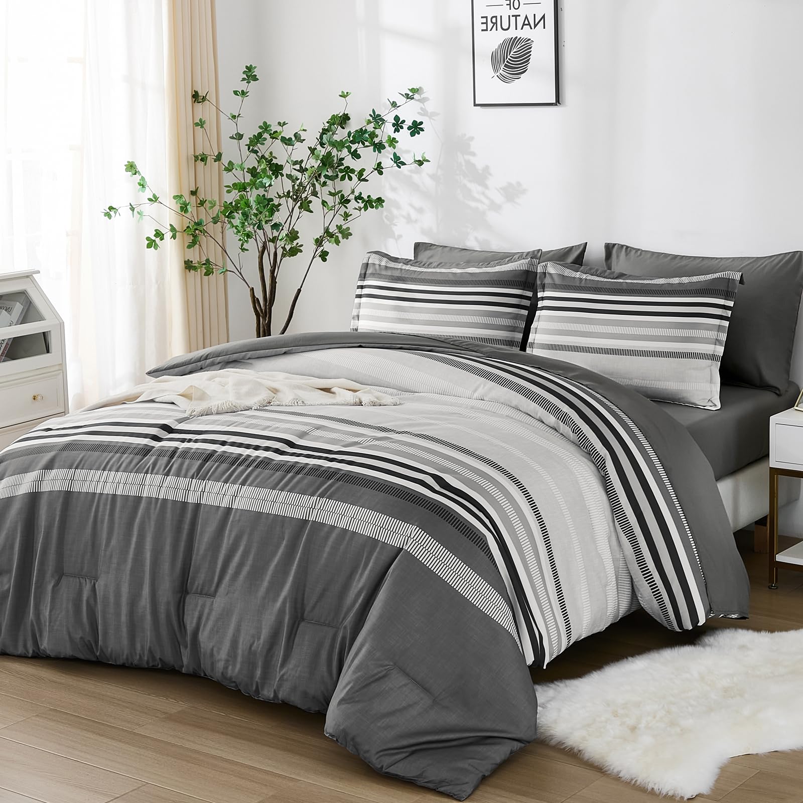 Dobuyly Grey Queen Comforter Set 7 Pieces Boho Grey White Striped Bed in a Bag Queen Size Soft Microfiber Bedding Sets with Comforter Sheets Pillowcases & Shams