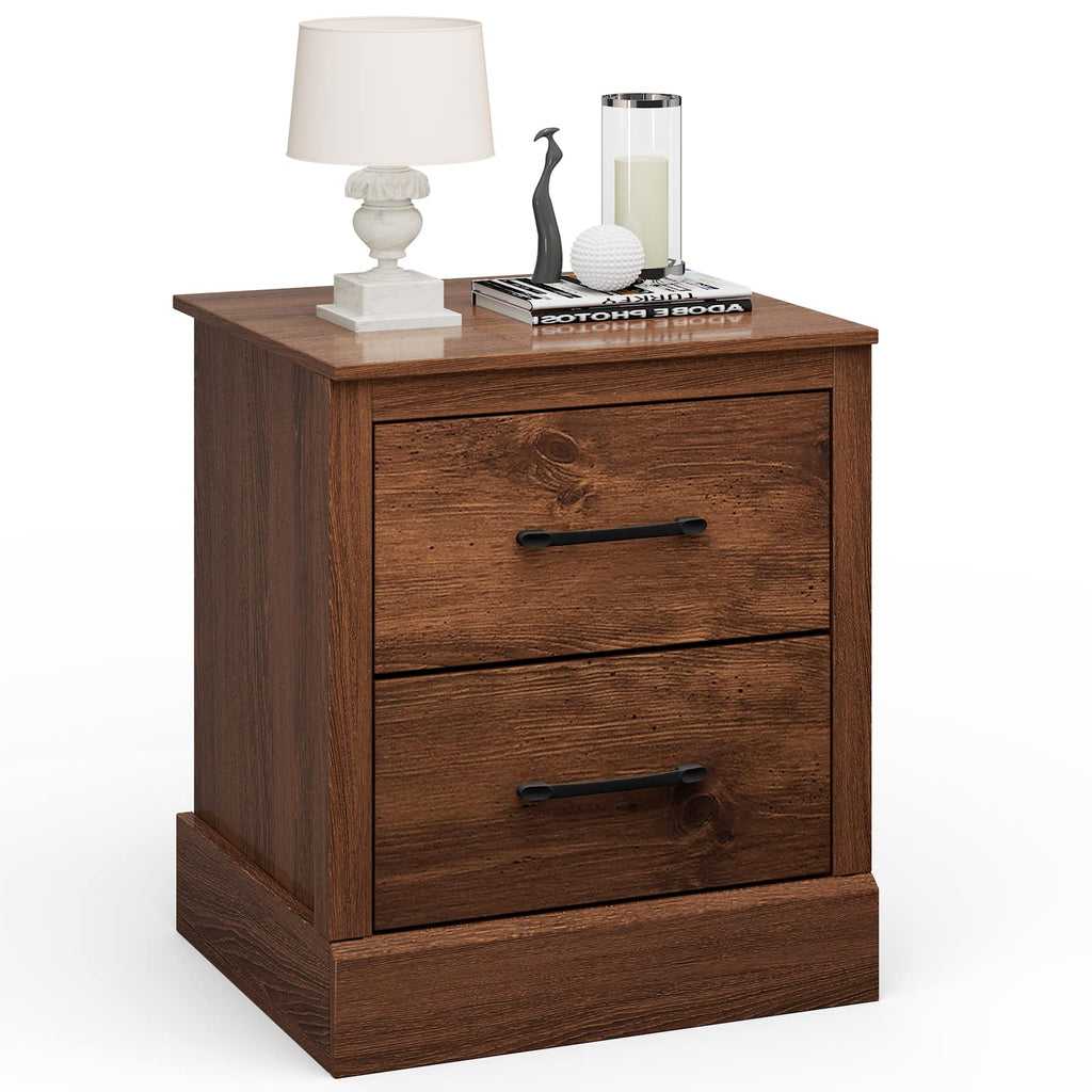 Giantex Farmhouse Nightstand Wood Bedside Table with 2 Storage Drawers Compact Floor Night Stand End Table Walnut Accent Sofa Side Table for Bedroom