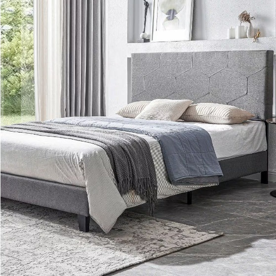 Queen-size Upholstered Platform Bed Frame Is Easy To Assemble And Grey