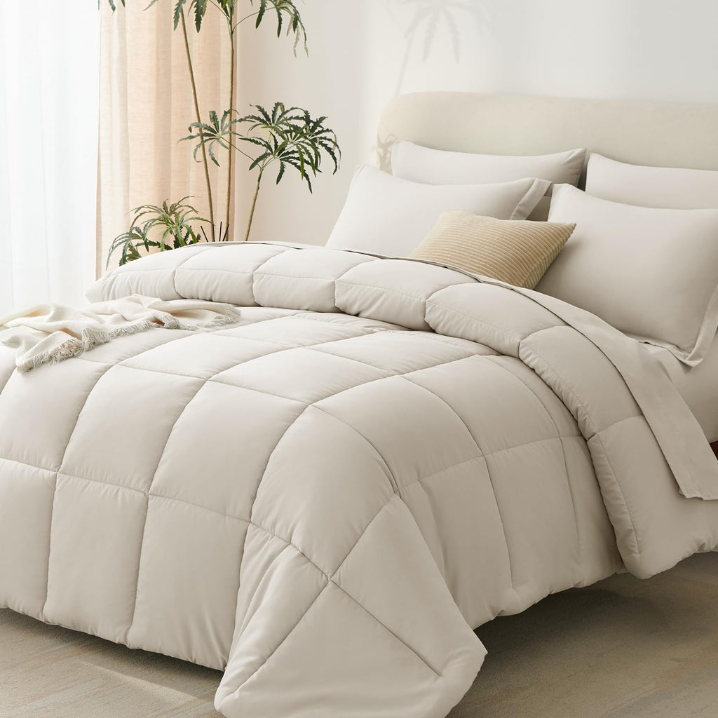 CozyLux Beige Comforter Set Full 7 Pieces Beige Bedding Set Cream Off White Bed in a Bag Set Full Box Stitch Bedding Sets with All Season Comforter Flat Sheet Fitted Sheet and Pillowcases & Shams