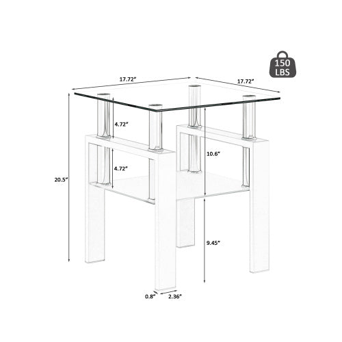 1-Piece Modern Tempered Glass Tea Table Coffee Table End Table, Square Table For Living Room, Transparent White