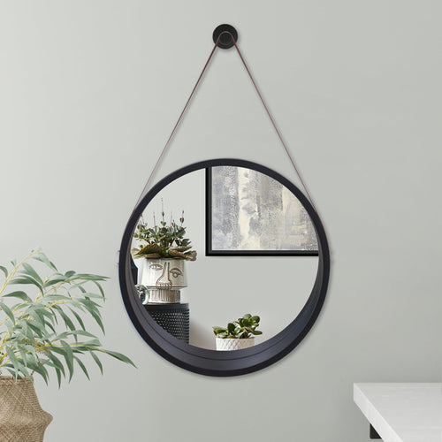 16" Round Hanging Mirror — Black