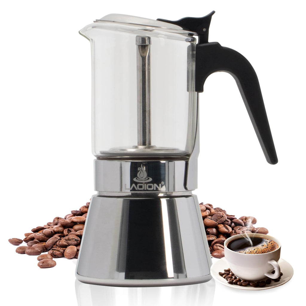 LAOION Stovetop Espresso Maker and Coffee Maker Classic Moka Pot Crystal Glass-top & Stainless Steel Coffee Maker Mocha Pot Greca De Cafe Cuban and Italian Coffee Maker for Cafetera Cubana (160ml)