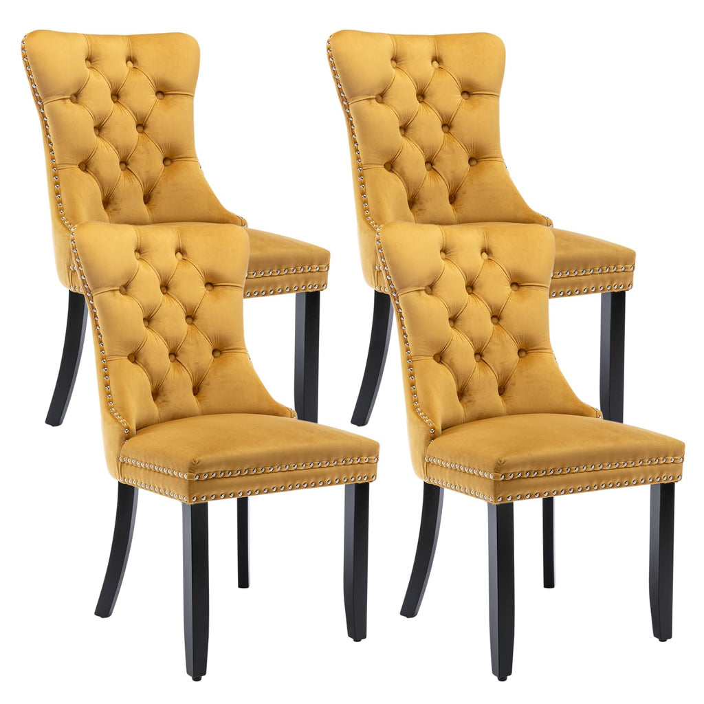 Eifizek Velvet Dining Chairs Set of 4 Tufted Dining Room Chairs with Nailhead Ring Pull Trim Upholstered Dining Chairs with Solid Wood Legs for Kitchen Dining Room (Gold)