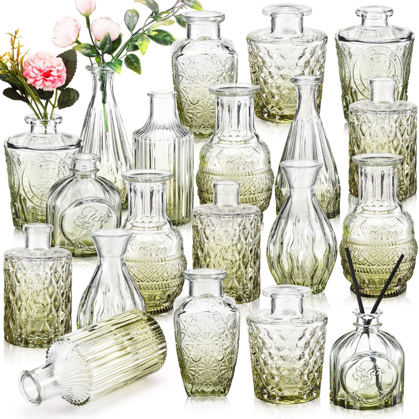 20 Pcs Glass Bud Vase Set Vintage Small Vases for Flowers in Bulk Cute Glass Vases for Centerpieces Rustic Decorative Glass Vase for Wedding Table Home Christmas Decoration (Green)