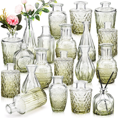 20 Pcs Glass Bud Vase Set Vintage Small Vases for Flowers in Bulk Cute Glass Vases for Centerpieces Rustic Decorative Glass Vase for Wedding Table Home Christmas Decoration (Green)