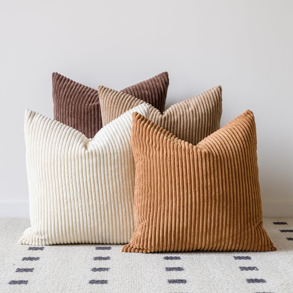 LANANAS Neutral Couch Throw Pillow Covers 18x18 Inch Set of 4 Decorative Farmhouse Boho Throw Pillows for Living Room Couch Bed Sofa Soft Corduroy Accent Home Decor (Neutral Brown 18x18 Inch)