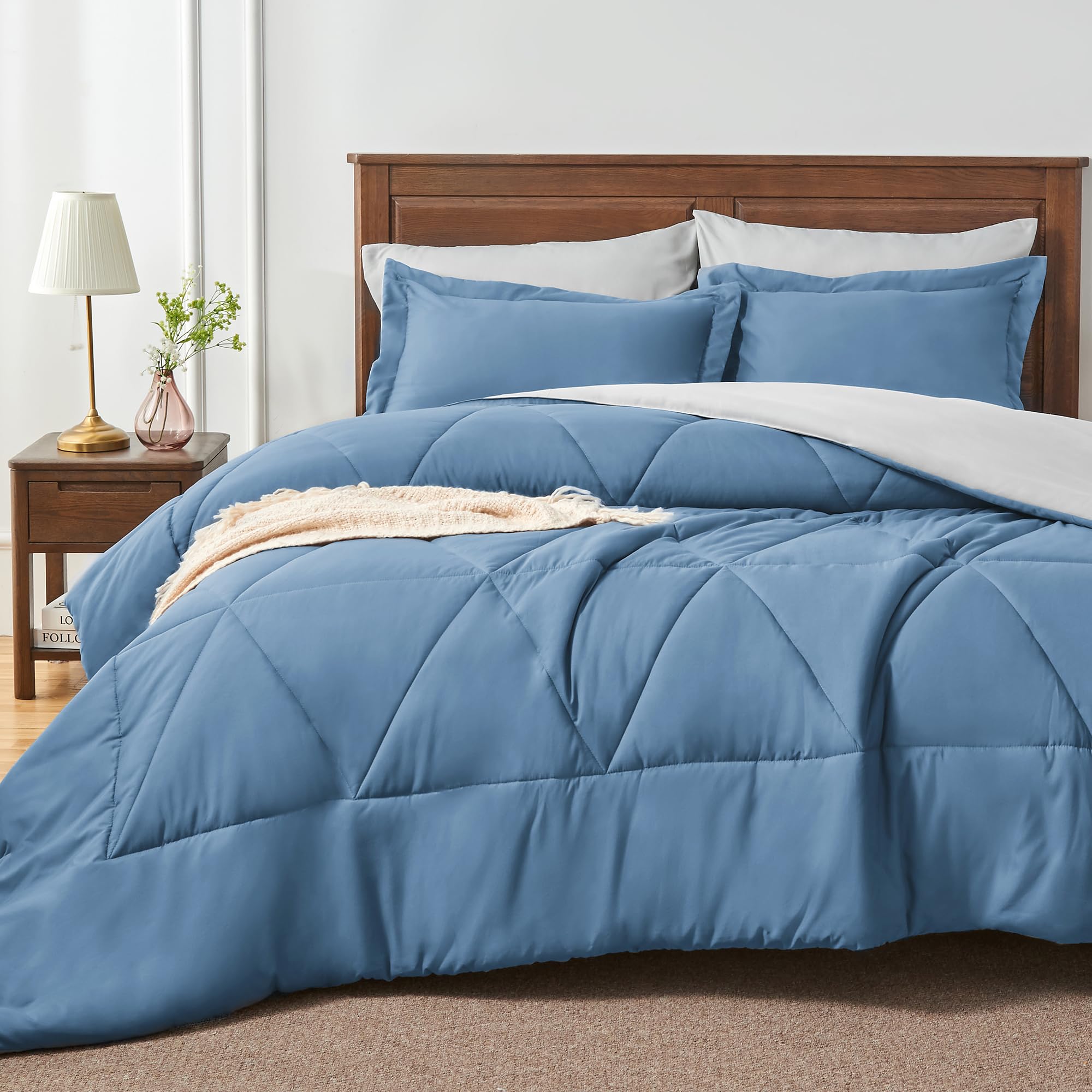 BEDELITE Queen Comforter Set 7 Pieces Bed in A Bag - Soft Microfiber Reversible Blue Bed Set with Comforters Sheets Pillowcases & Shams Cozy Luxury Bedding Sets for All Season
