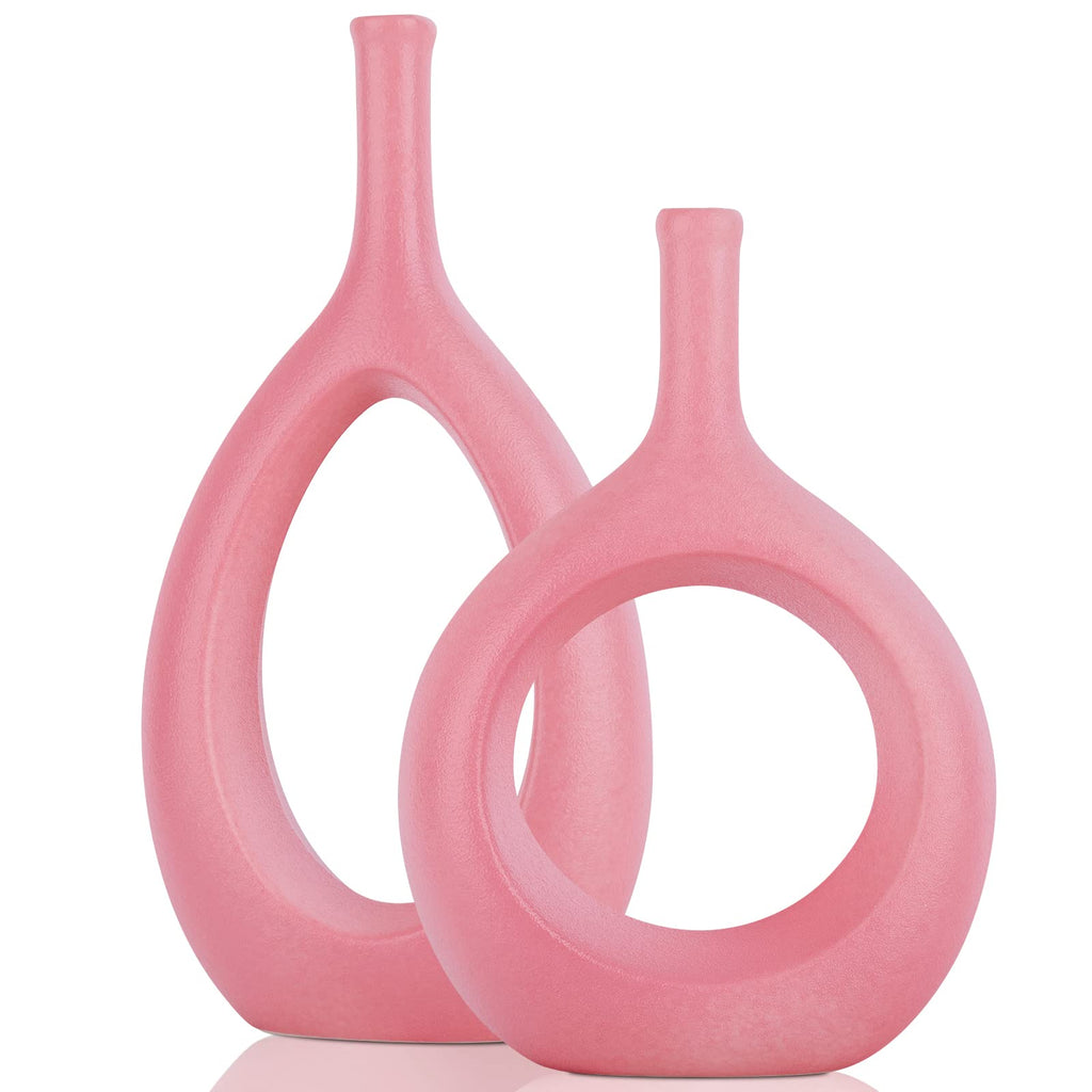 Pink Ceramic Hollow Elliptical Vase Set of 2 - Boho Circle Vase with Hole for Modern Pink Table Decor Living Room Decor Shelf mid Century Modern Home Entrance Decorative vase