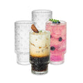 SoulTimes Glass Cups Vintage Glassware | Set of 4 Large Embossed Stackable Pattern Style Transparent Cocktail Glasses Set Ice Coffee Cup Juice Drinkware Clear 310ml (L)