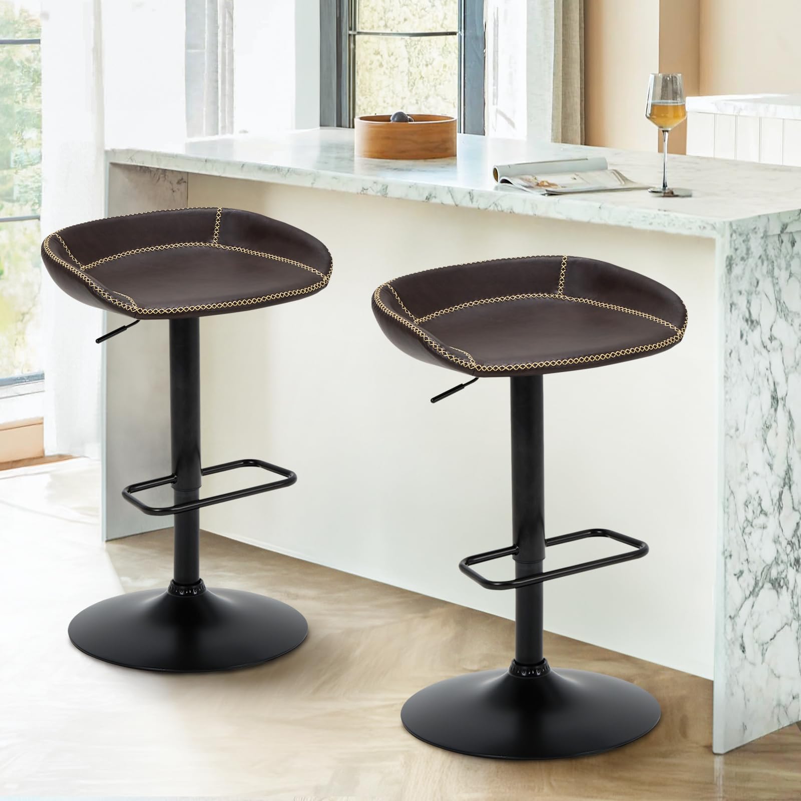 COLAMY Adjustable Swivel Bar Stools Set of 2 Swivel Counter Height Bar Stools for Kitchen Island Modern Adjustable Leather Barstools for Kitchen Dining Room Bar Dark Brown