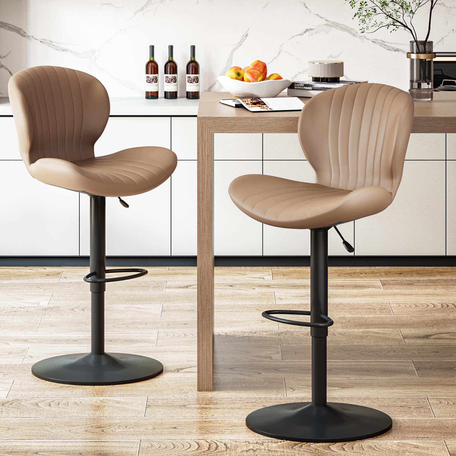 Waleaf Modern Adjustable Bar Stools Set of 2 Faux Leather Upholstered Swivel Counter Stools Counter Height Bar Stools with Large Base Easy 5 Minute Assembly for Kitchen Island (Brown Set of 2)