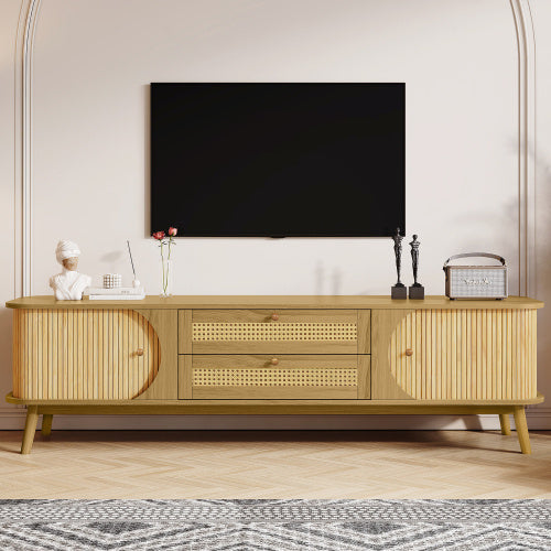 Rattan TV Stand For TVs Up To 75'', Modern Farmhouse Media Console, Entertainment Center With Solid Wood Legs, TV Cabinet For Living Room,Home Theatre