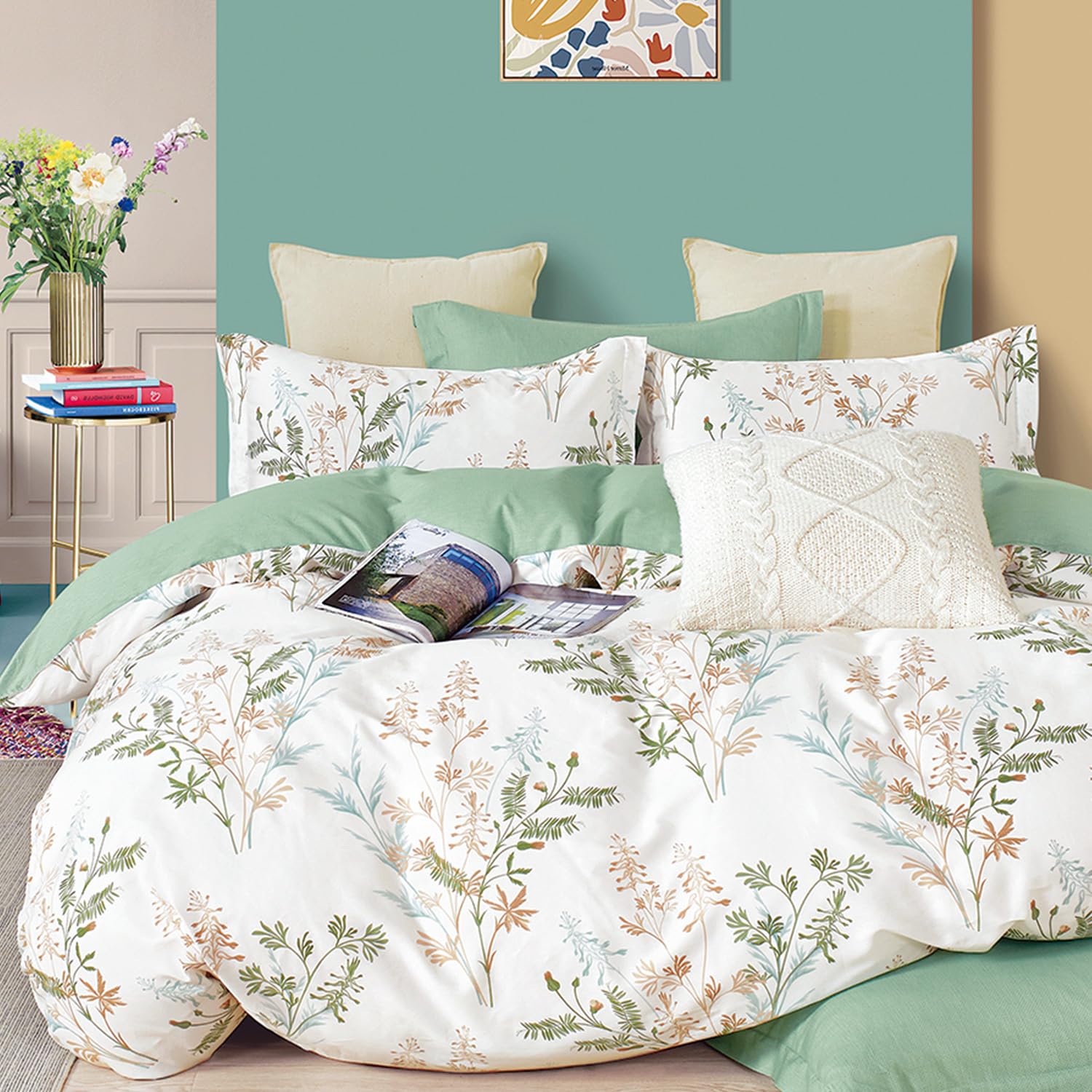 ALEISSEL Natural Cotton 3pcs Botanical Comforter Sets Queen Size-Green Comforter with Luxurious Tan & Gray Leaves on White Reversible Lightweight Floral Bedding Sets(Full/Queen)