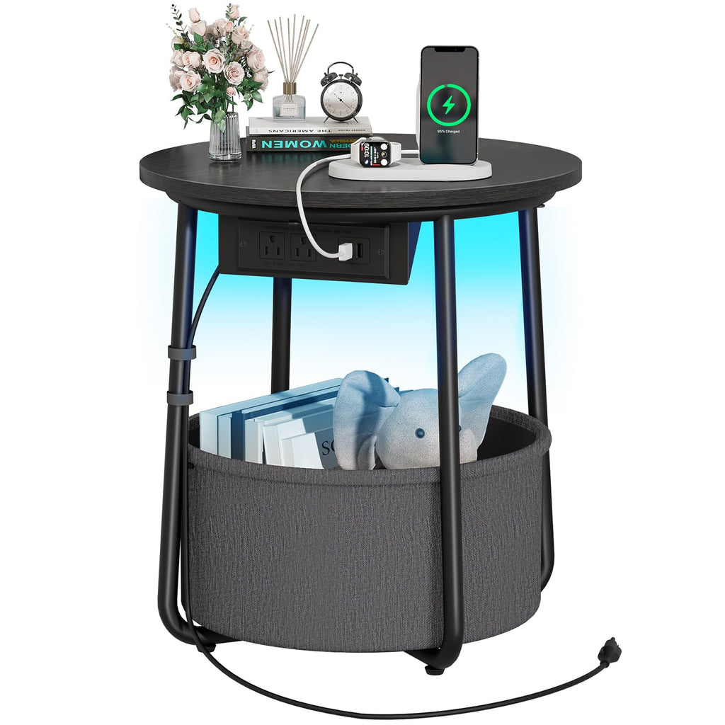 Yoobure Small Side Table LED Night Stand with Charger Station Round End Table Side Tables Living Room with Fabric Basket Bedside Table End Tables Bedroom Storage Accent Table for Small Spaces