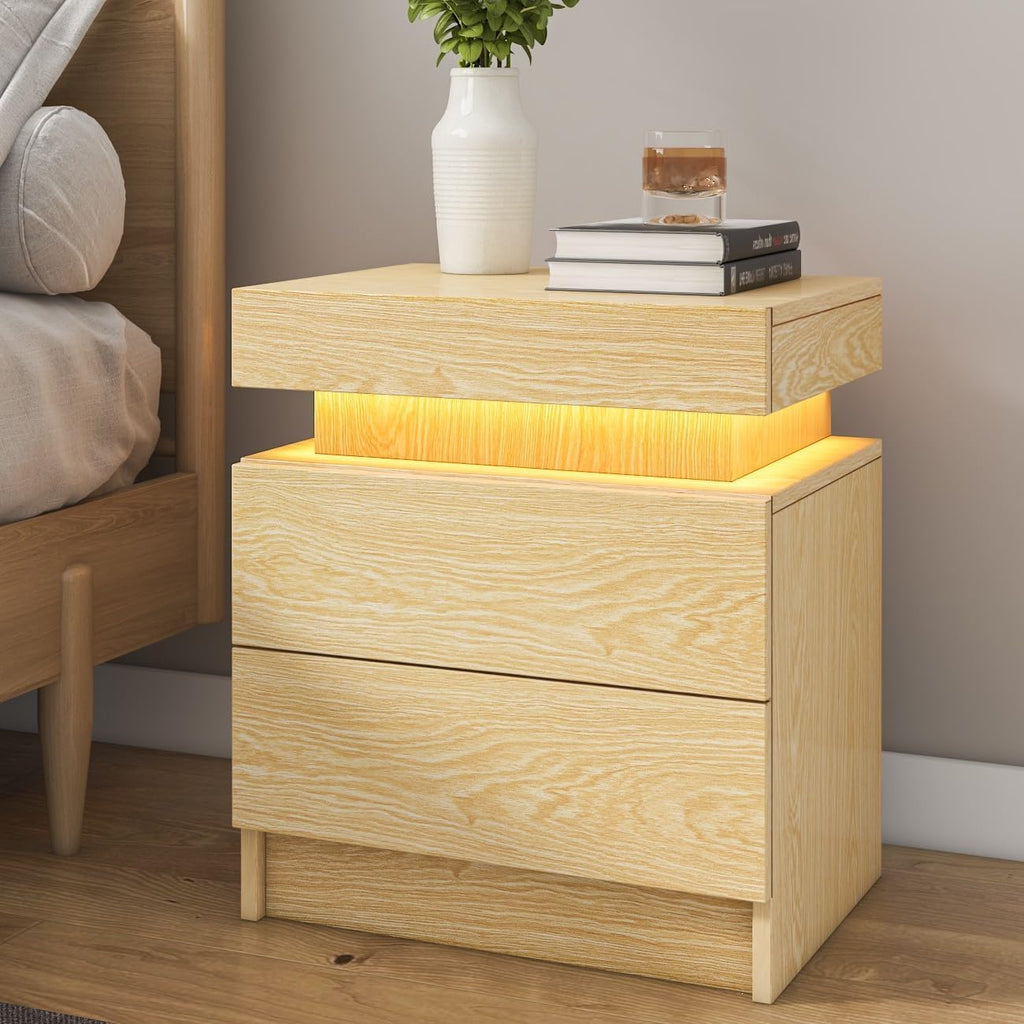 HOMMPA LED Nightstand Wood Bedside Table with Led Lights Modern LED Night Stand with 2 Drawers Smart Nightstand Matte Night Table for Bedroom 20.5" Tall