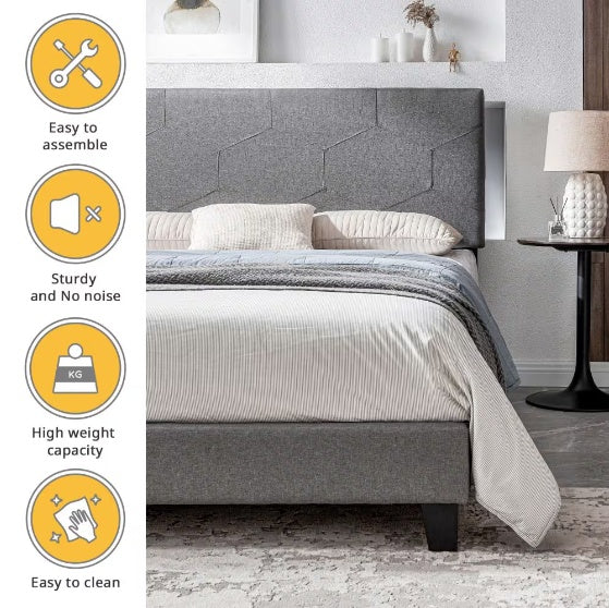 Queen-size Upholstered Platform Bed Frame Is Easy To Assemble And Grey