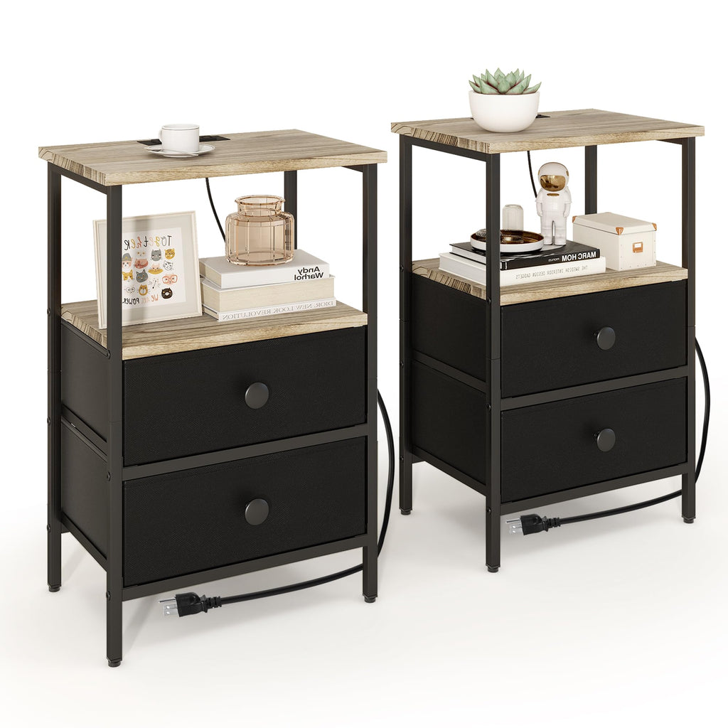 Acovy Small Nightstand with Charging Station 2 USB Ports & 2 Outlets Solid Wood and Drawers Night Stand End Table for Bedroom Bedside Table Side Table Set of 2